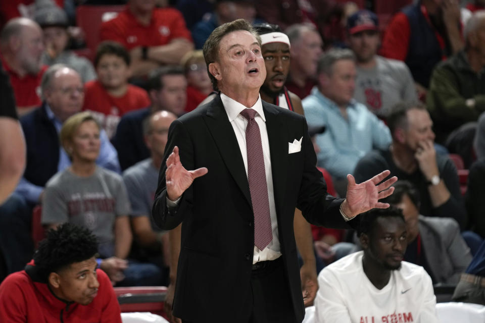 St. John's head coach Rick Pitino reacts during the first half of an NCAA college basketball game against Stony Brook, Tuesday, Nov. 7, 2023, in New York. (AP Photo/Seth Wenig)