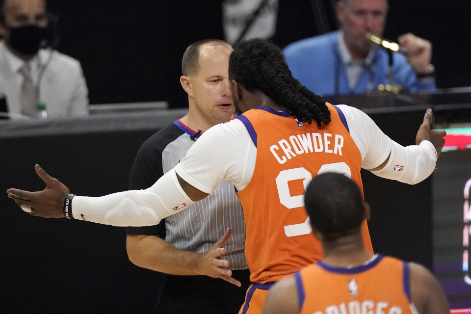 Phoenix Suns forward Jae Crowder argues with a referee after being charged with his sixth foul during the second half in Game 3 of the NBA basketball Western Conference Finals against the Los Angeles Clippers Thursday, June 24, 2021, in Los Angeles. (AP Photo/Mark J. Terrill)