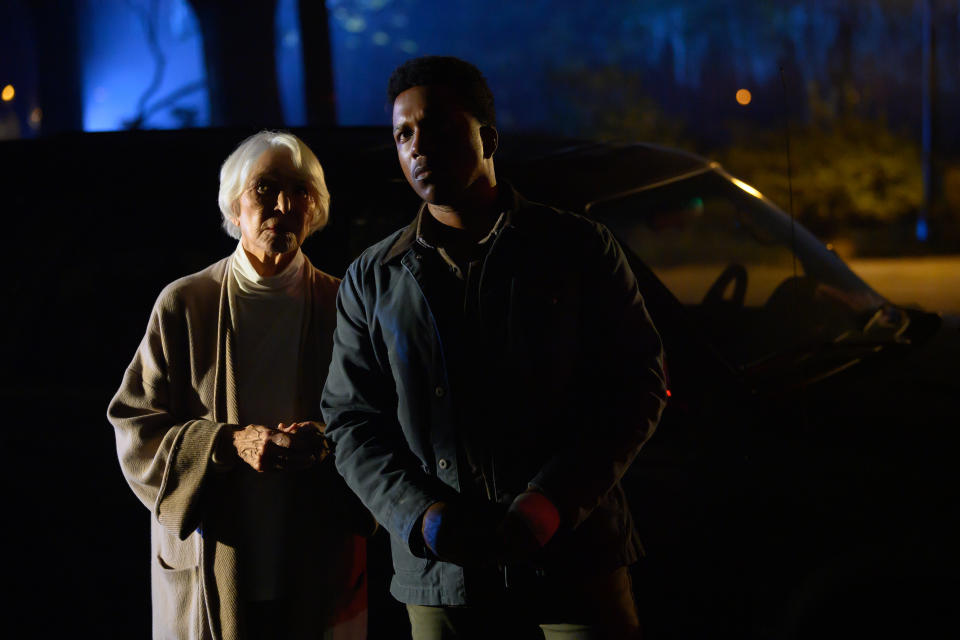 (from left) Chris MacNeil (Ellen Burstyn) and Victor Fielding (Leslie Odom, Jr.) in The Exorcist: Believer, directed by David Gordon Green. (Universal Pictures)