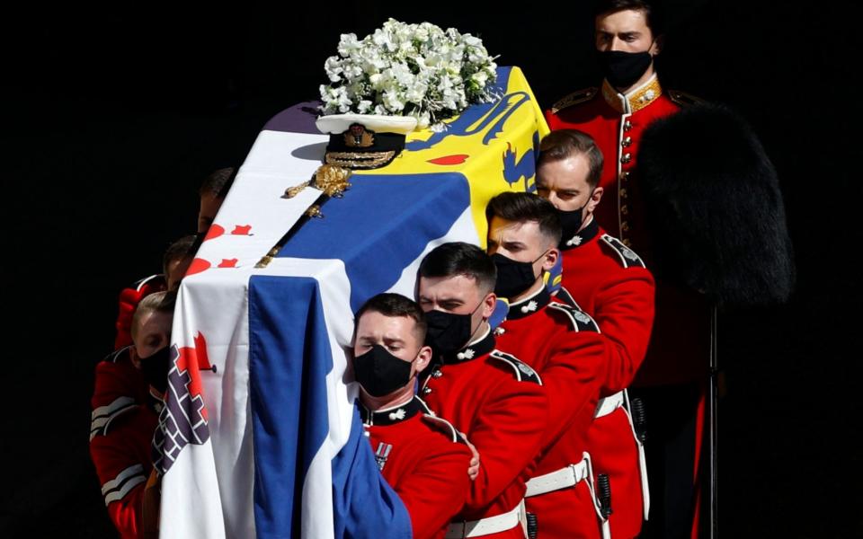 The coffin of Prince Philip, Duke of Edinburgh was laid onto a modified Land Rover Defender - Adrian Dennis/Pool/AFP via Getty Images