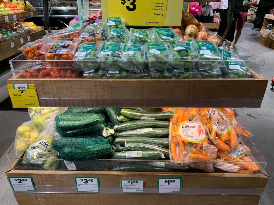 Fruit and veg seen on a shelf in a Woolworths in Roseberry.