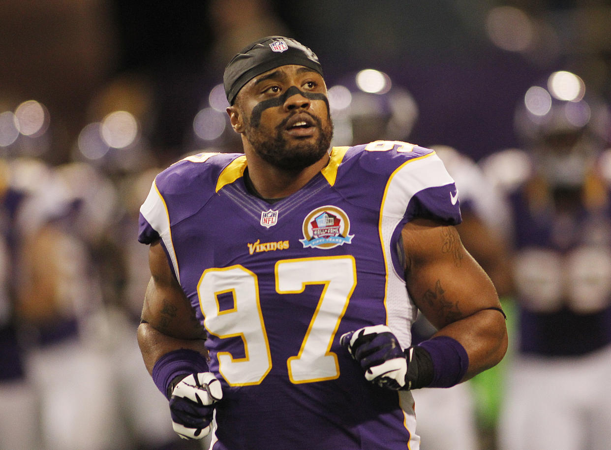 Minnesota Vikings' Everson Griffen before an NFL football game between the Vikings and the Chicago Bears Sunday, Dec. 9, 2012, in Minneapolis. (AP Photo/Andy King)