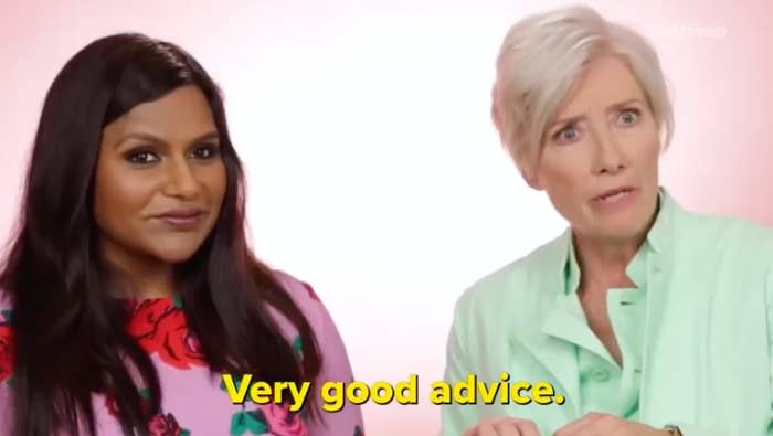 Mindy Kaling and Emma Thompson in conversation, with Thompson saying "Very good advice."