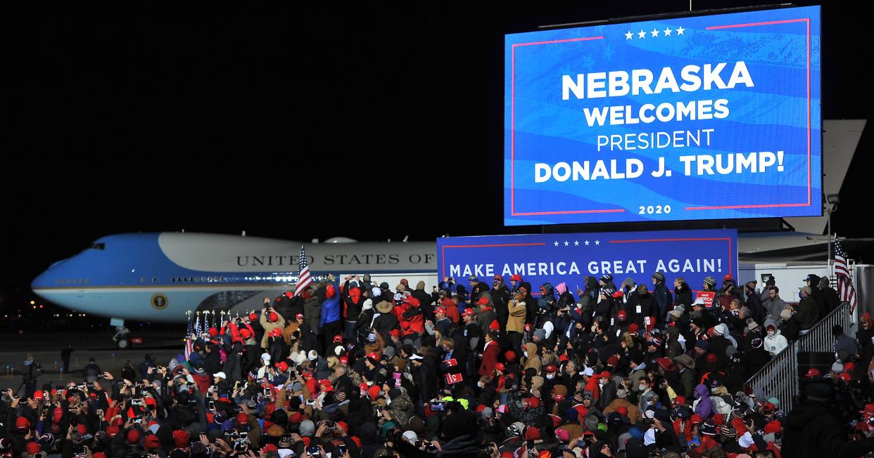 OMAHA, NE - OCTOBER 27: Supporters wait to watch US President Donald Trump speak at a campaign rally on October 27, 2020 in Omaha, Nebraska. With the presidential election one week away, candidates of both parties are attempting to secure their standings in important swing states. (Photo by Steve Pope/Getty Images) ORG XMIT: 775581207 ORIG FILE ID: 1229318651