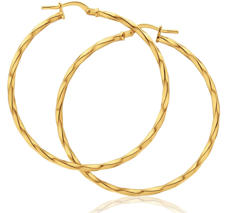 9ct Yellow Gold, Silver-Filled Twist Hoop Earrings. Large hoops with a distinct twisting pattern