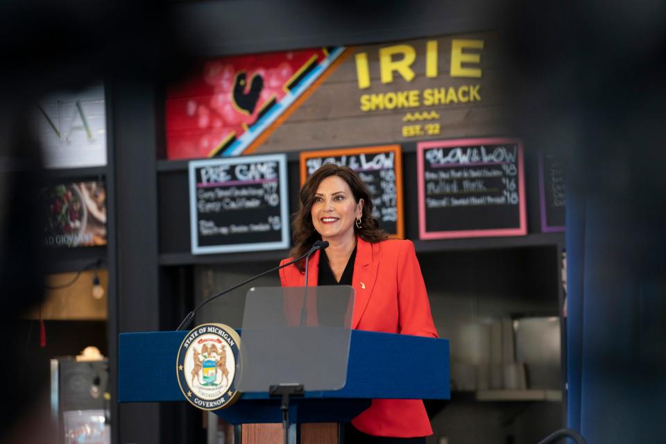 Michigan Gov. Gretchen Whitmer delivers her "What’s Next" Address that outlines her legislative priorities for the fall at the Lansing Shuffle in Lansing on Wednesday, Aug. 30, 2023. In her speech, she called for legislation to establish a prescription drug affordability board.