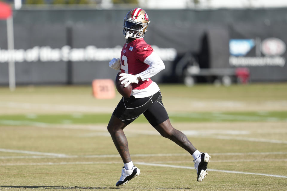 San Francisco 49ers wide receiver Deebo Samuel runs during an NFL football practice in Santa Clara, Calif., Thursday, Jan. 25, 2024. The 49ers are scheduled to play the Detroit Lions, Sunday in the NFC championship game. (AP Photo/Jeff Chiu)