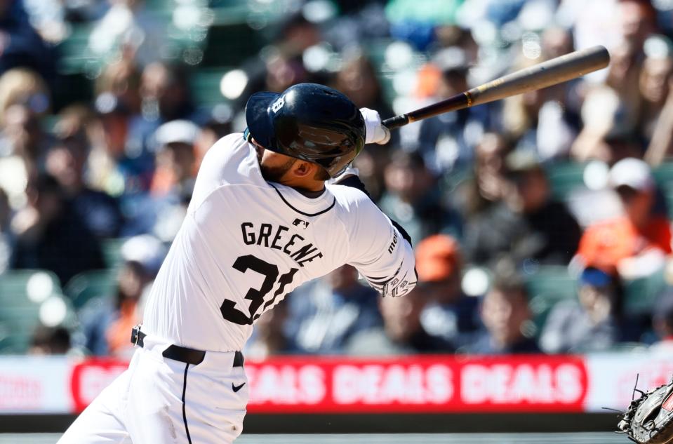 Tigers left fielder Riley Greene singles against the Athletics during the first inning on Sunday, April 7, 2024, at Comerica Park.