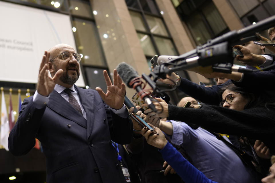 European Council President Charles Michel addresses the media during EU summit in Brussels, Friday, Dec. 15, 2023. The European Union decided Thursday to open accession negotiations with Ukraine, a momentous moment and stunning reversal for a country at war that had struggled to find the backing for its membership aspirations and long faced obstinate opposition from Hungarian Prime Minister Viktor Orban. (AP Photo/Virginia Mayo)