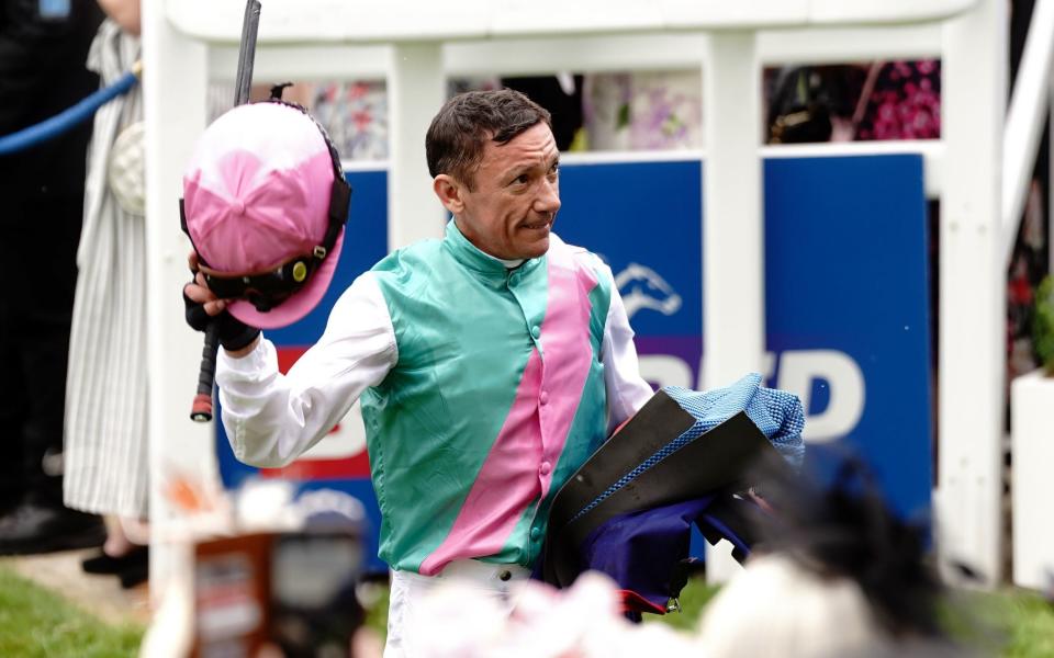 Frankie Dettori reacts after placing tenth in the Betfred Derby with Arrest during Derby Day of the 2023 Derby Festival at Epsom Downs Racecourse, Epsom - PA Wire/Victoria Jones