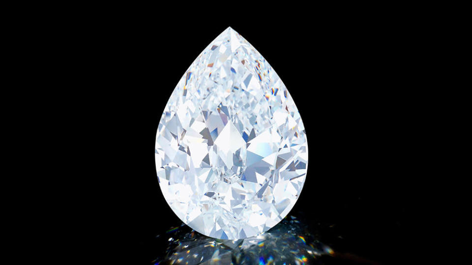 The exceptional colorless pear-shaped diamond. - Credit: Sotheby&#39;s