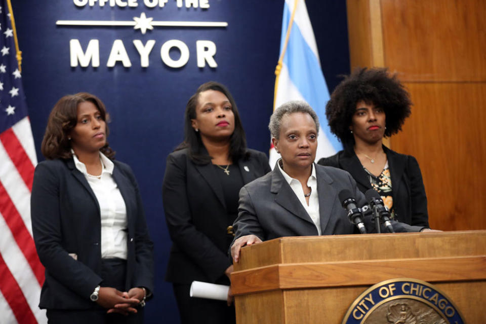 Former CPS CEO Janice Jackson (second from left) stood by as former Chicago Mayor Lori Lightfoot discussed the 2019 Chicago Teachers Union strike at City Hall. (Brian Cassella/Getty Images)