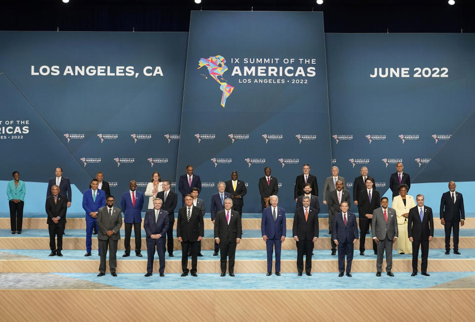 Participants pose for a family photo with heads of state and delegations at the Summit of the Americas, Friday, June 10, 2022, in Los Angeles. (AP Photo/Marcio Jose Sanchez)