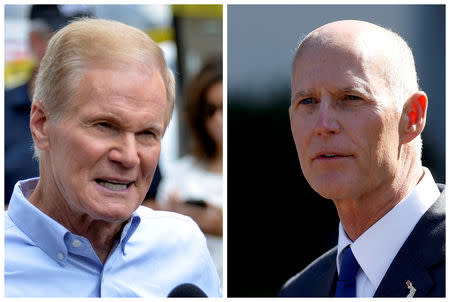 FILE PHOTO: U.S. Senator Bill Nelson speaks in Orlando, Florida, U.S., June 12, 2016 and Florida Governor Rick Scott appears in Washington, DC, U.S., September 29, 2017 respectively. REUTERS/Kevin Kolczynski and REUTERS/Joshua Roberts/File Photos/File Photo