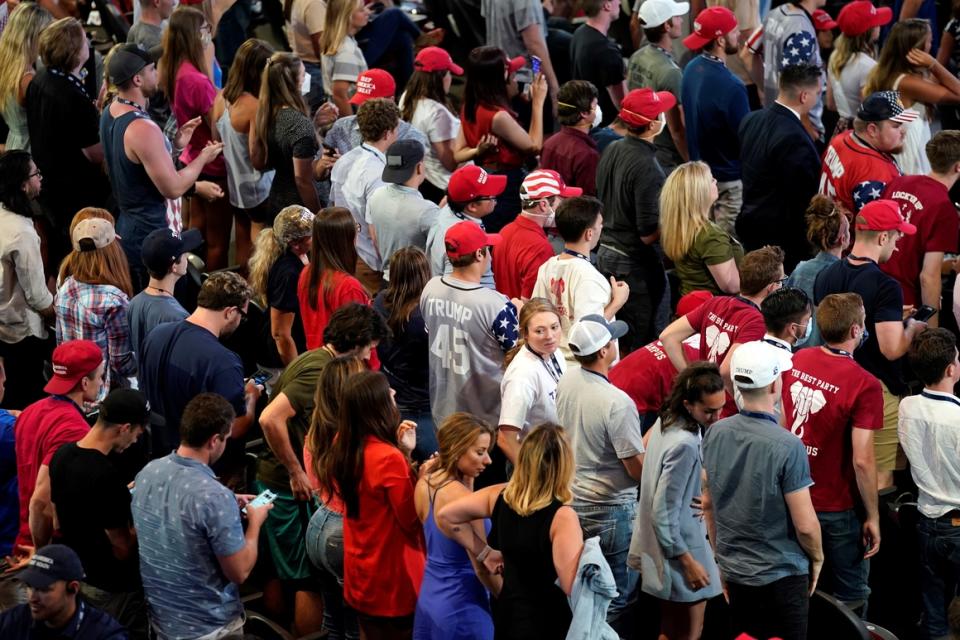 Supporters listen as President Donald Trump speaks at Dream City Church on June 23, 2020, in Phoenix.  