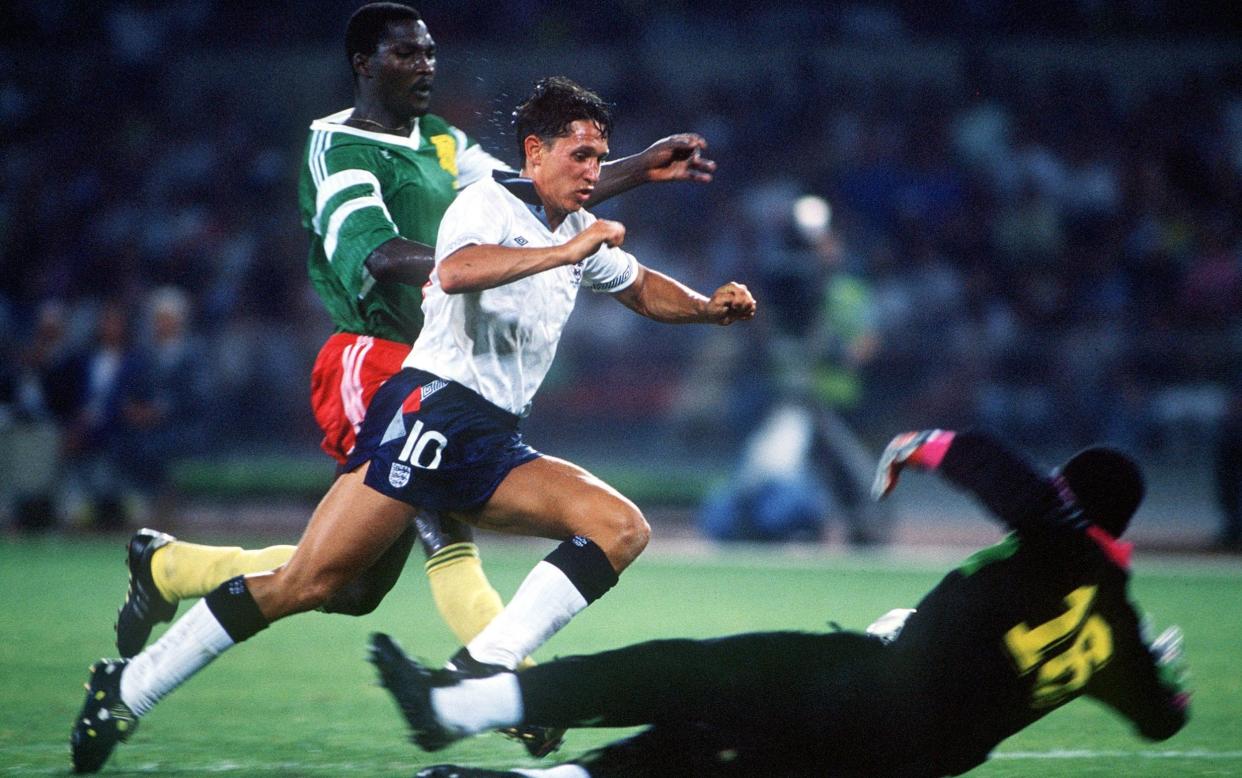 England's Gary Lineker puts Cameroon goalkeeper Thomas N'Kono under pressure