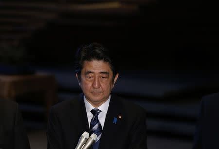 Japan's Prime Minister Shinzo Abe speaks to the media at his official residence in Tokyo February 1, 2015. REUTERS/Toru Hanai