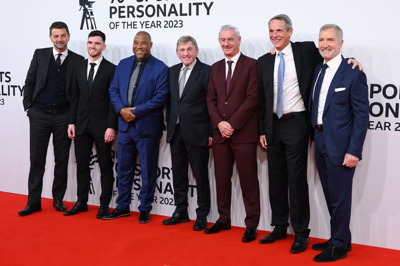 Tim Sherwood, Andy Robertson, John Barnes, Kenny Dalglish, Ian Rush, Alan Hansen and Graeme Souness attend the BBC Sports Personality Of The Year 2023 at Dock10 Studios on December 19, 2023 in Manchester, England.