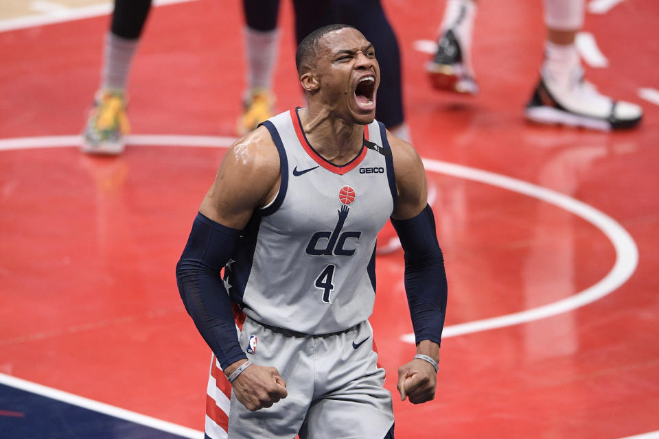 Washington Wizards guard Russell Westbrook (4) reacts during the first half the team's NBA basketball game against the New Orleans Pelicans, Friday, April 16, 2021, in Washington. (AP Photo/Nick Wass)