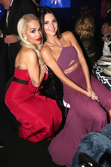 Who said you can't be friendly with your siblings' exes? Kendall Jenner proved this Thursday night, when she happily posed next to Rita Ora at AmfAR's 22nd Cinema Against AIDS Gala in France. The 24-year-old "Black Widow" singer dated her brother Rob Kardashian in 2012. Getty Images <strong>PHOTOS: Kendall Jenner Looks All Grown-Up at Her Latest Runway Show</strong> Rob and Rita had their fair share of drama after their breakup, with Rob taking to Twitter in December 2012 to air out some pretty nasty allegations about an ex -- which plenty of fans assumed was about the British pop star. "She cheated on me with nearly 20 dudes while we were together, I wonder how many she will sleep with now that we are apart?" he tweeted, then later deleted. "I just don't get how a woman can do that to her body. And your career hasn't even launched yet... This is a lesson to all the young women out there to not have unprotected sex with multiple men, especially while in a relationship." Rita finally reacted to the tweets last April during her appearance on Power 105.1's radio program <em>The Breakfast Club</em>. "I think people react to things differently and like to express their feelings in certain ways," she mused. " ... But it was a phase and a moment in my life and now, you know, onward and upwards. Don't get me wrong, he's a great dude." Rita, however, was far from the only star Kendall got friendly with at Thursday night's star-studded amfAR gala. She also busted out some moves with fellow supermodels Doutzen Kroes, Joan Smalls, Lara Stone (who most will recognize from her Calvin Klein ads with Justin Bieber), Jourdan Dunn, and Karlie Kloss. Getty Images Hottest dance floor ever?! <strong>PHOTOS: Kendall Jenner Works a Stunning Midriff-Baring Ensemble at Cannes</strong> Check out the hottest couples at this year's Cannes Film Festival in the video below.