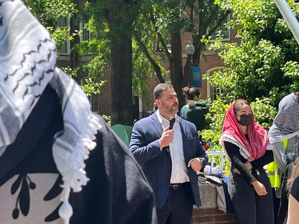 Osama Abuirshaid at a protest event at George Washington University in Washington, D.C., April 26, 2024.