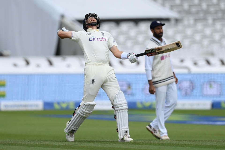 LONDON, ENGLAND - AUGUST 14: Joe Root of England celebrates reaching his century during the Second LV= Insurance Test Match: Day Three between England and India at Lord's Cricket Ground on August 14, 2021 in London, England. (Photo by Mike Hewitt/Getty Images)