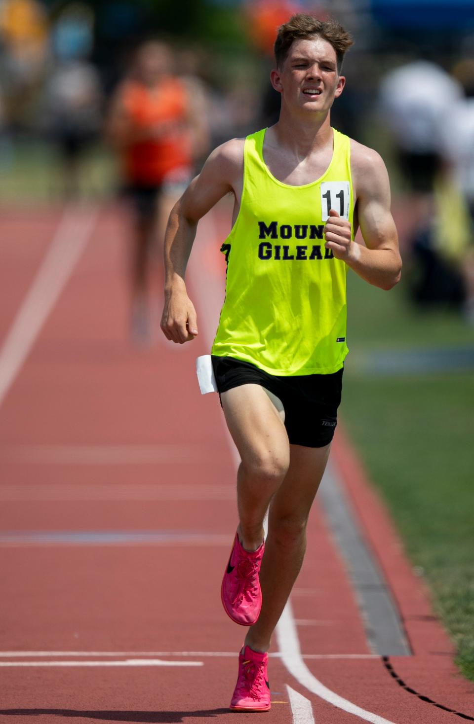 Mount Gilead's Will Baker runs in the Division III boys 3200-meter race at the state championships last year at Ohio State's Jesse Owens Memorial Stadium.