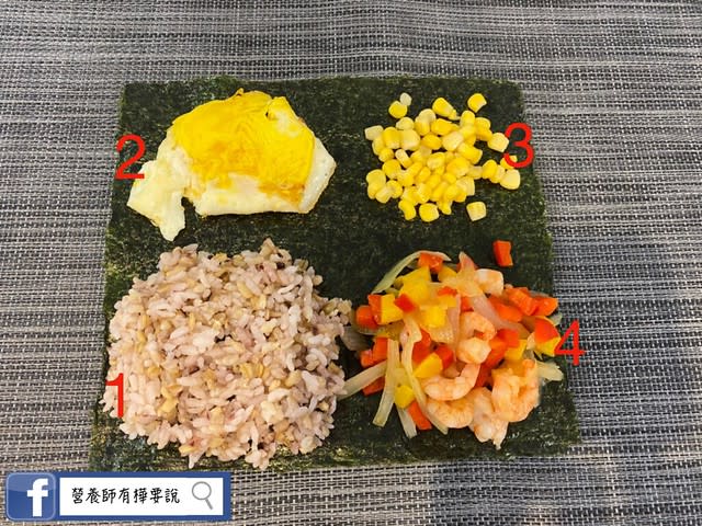 把食材均分放在四個區域，依照圖中數字：1號往上折，2號再往右折，3號再往下折