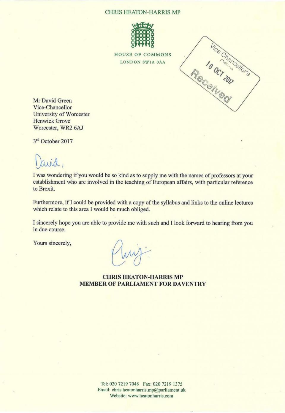 The letter from Chris Heaton-Harris (PA)