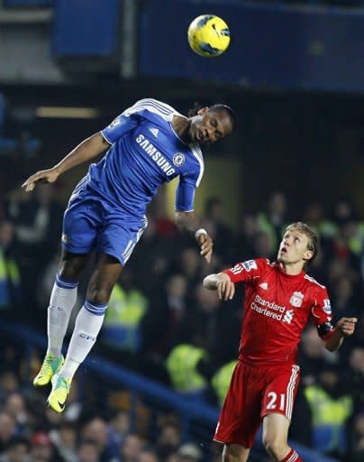 Chelsea's Didier Drogba (L) vies with Liverpool's Lucas Leiva during an English Premier League football match at Stamford Bridge in London. Liverpool won 2-1