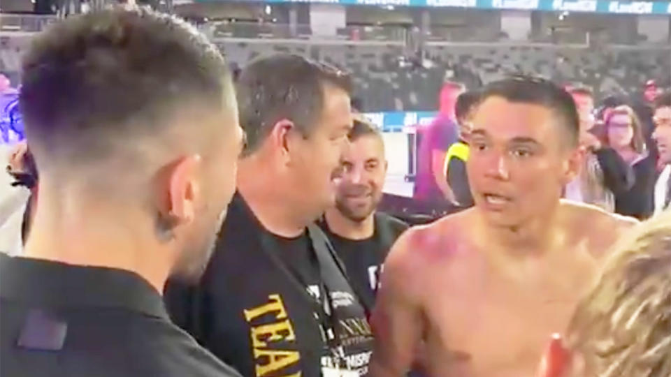 Pictured here, Tim Tszyu is confronted by Michael Zerafa after beating Bowyn Morgan in Sydney.