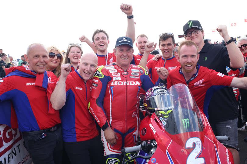 Photo showing An emotional John McGuinness at his 30th North West 200 is delighted with his third place