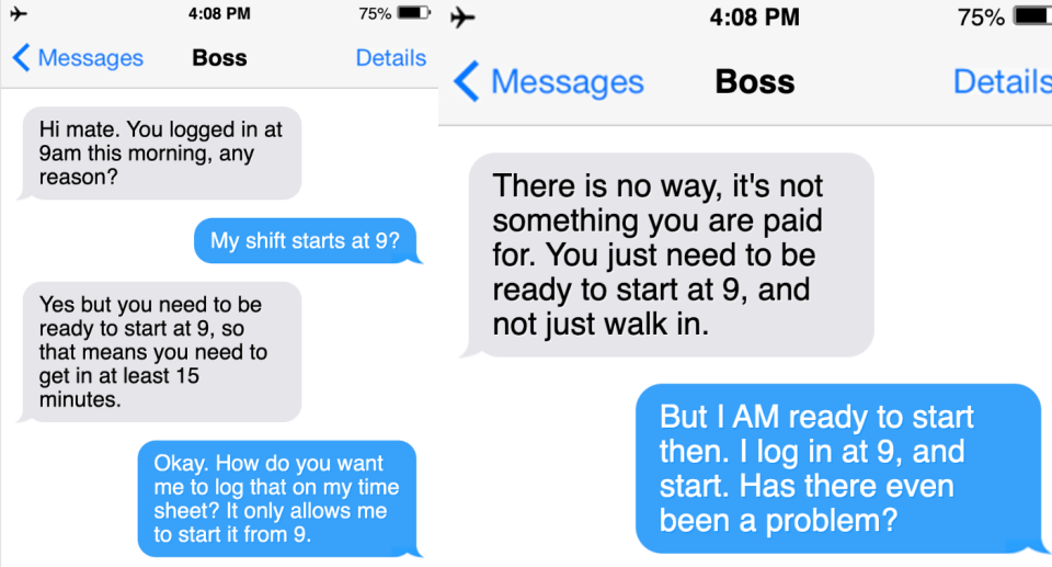 The boss wanted their worker to start 15 minutes earlier without extra pay so they were ready for the day. (Source: TikTok)