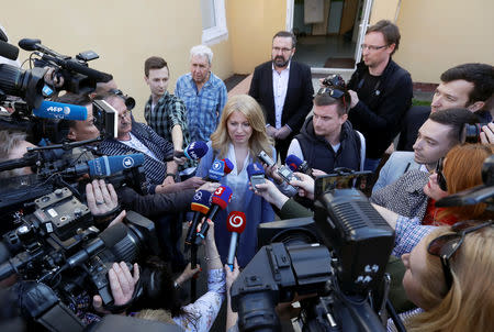 Slovakia's presidential candidate Zuzana Caputova talks to the media during the country's presidential election run-off, at a polling station in Pezinok, Slovakia, March 30, 2019. REUTERS/David W Cerny