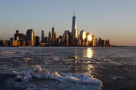 Ice floes are seen along the Hudson River with the One World Trade Center tower in the background, in New York, February 20, 2015. REUTERS/Eduardo Munoz