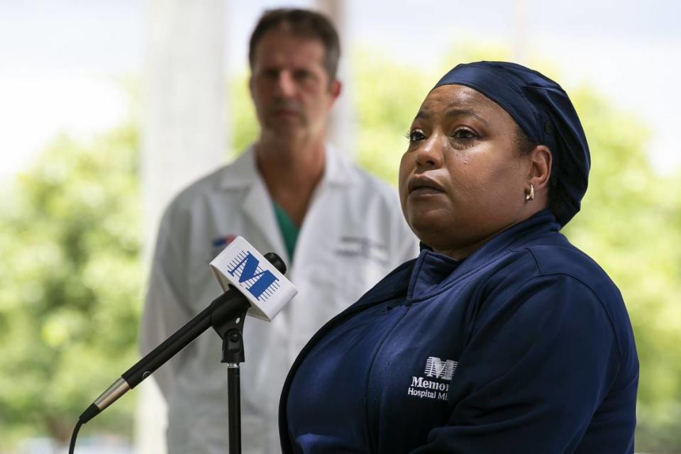 Juana Mejia, a COVID ICU nurse, speaks during a press conference at Memorial Hospital Miramar on Friday, July 30, 2021. Mejia explained how the recent spike in COVID-19 cases across South Florida has increased hospitalizations at Memorial Hospital Miramar.