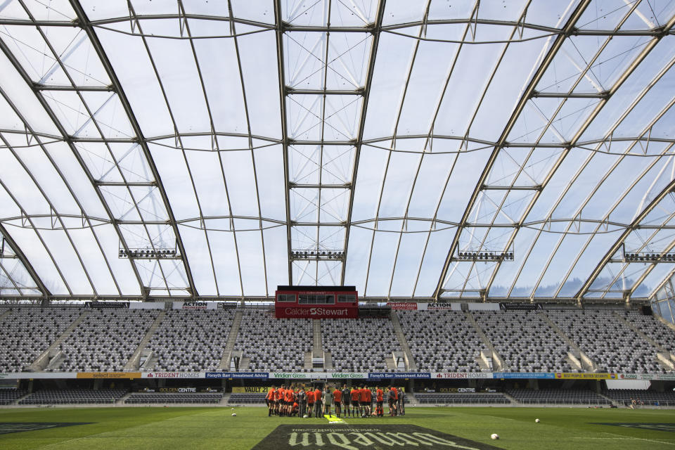 A sports team stands on the pitch at Dunedin Stadium in Dunedin, New Zealand Aug. 24, 2017. Dunedin Stadium will host six pool matches of the FIFA women's world cup in July 2023. (Brett Phibbs/New Zealand Herald via AP)