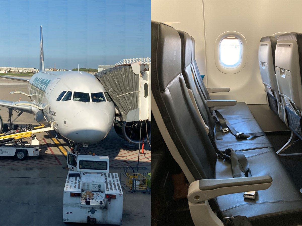 frontier flight front (left), row of empty seats (right)