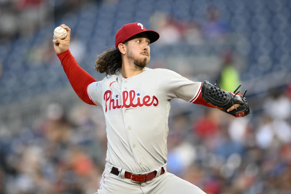 Philadelphia Phillies starting pitcher Michael Lorenzen throws during the second inning of a baseball game against the Washington Nationals, Friday, Aug. 18, 2023, in Washington. (AP Photo/Nick Wass)