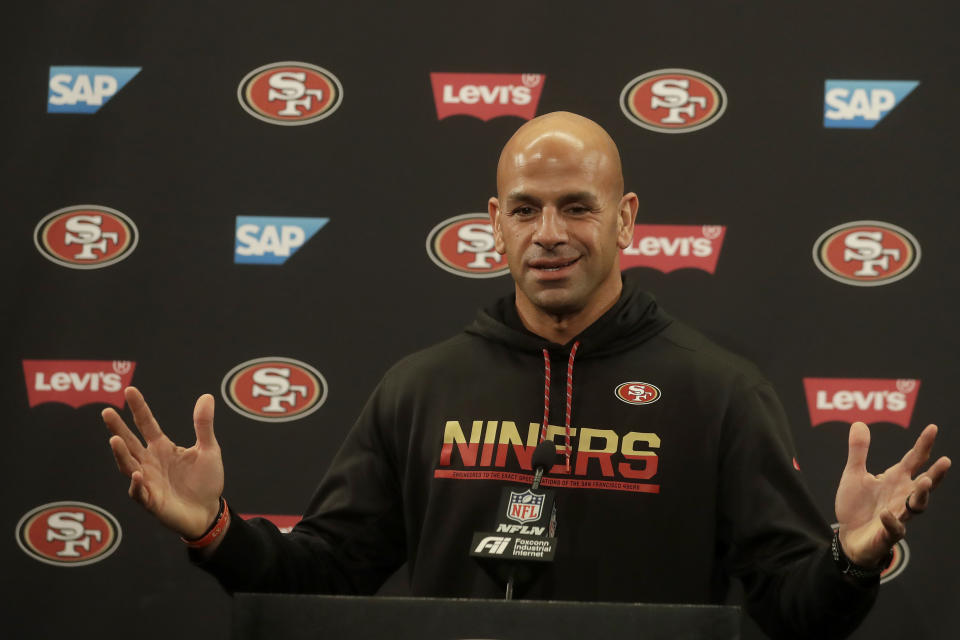 San Francisco 49ers defensive coordinator Robert Saleh speaks during a news conference at the team's NFL football training facility in Santa Clara, Calif., Thursday, Jan. 23, 2020. The 49ers will face the Kansas City Chiefs in Super Bowl 54. (AP Photo/Jeff Chiu)