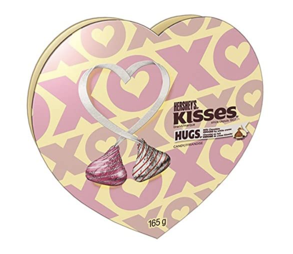 Hershey's Hugs & Kisses Valentine's Day Chocolate Candy in yellow and pink box (Photo via Amazon)