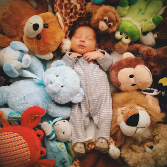 Given everything we know about safe sleep practices — babies should lie on a fitted sheet in an otherwise empty crib — this infant napping in a sea of stuffed animals is an obvious “no.”