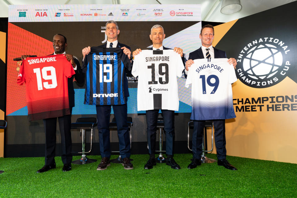 Former star players from the four participating teams of the 2019 International Champions Cup in Singapore: (from left) Dwight Yorke (Manchester United), Francesco Toldo (Inter Milan), Fabrizio Ravanelli (Juventus) and Teddy Sheringham (Tottenham). (PHOTO: International Champions Cup)