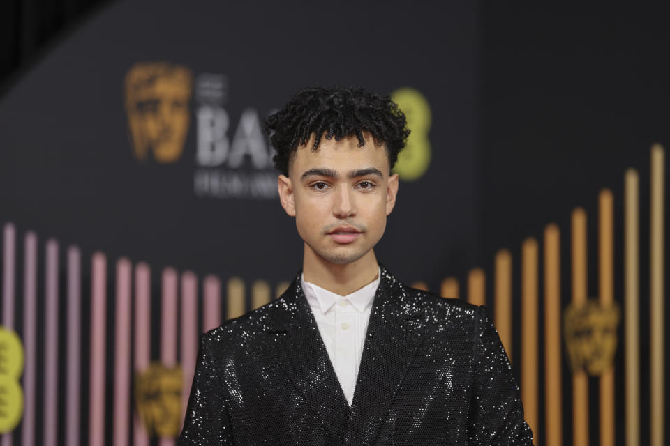 Archie Madekwe poses for photographers upon arrival at the 77th British Academy Film Awards, BAFTA's, in London, Sunday, Feb. 18, 2024.