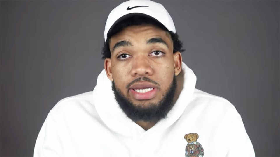 Karl-Anthony Towns is pictured in a screenshot from his YouTube video, in which he outlined his mother's coronavirus diagnosis and treatment.
