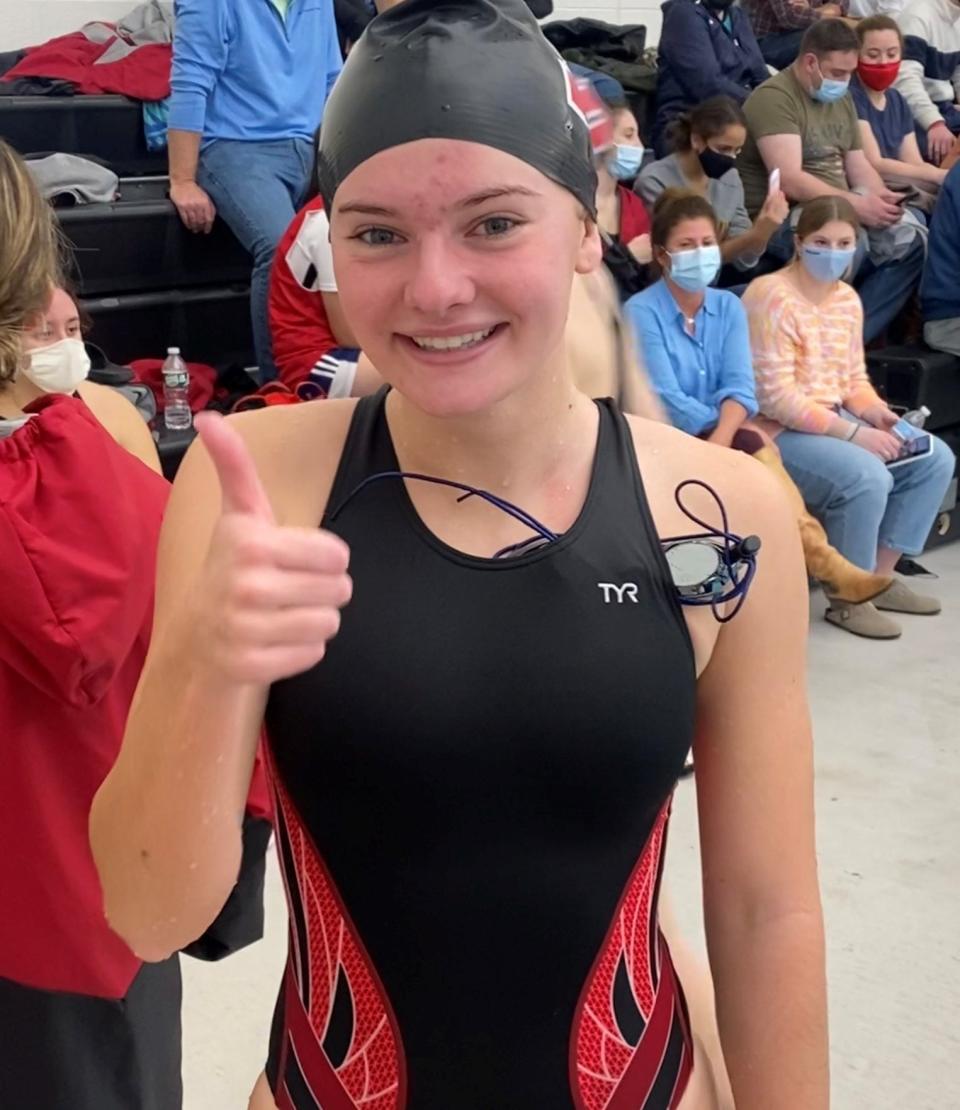 Durfee swimmer Emma McDonnell gives the thumbs up after qualifying for sectionals in the breaststroke event last season.