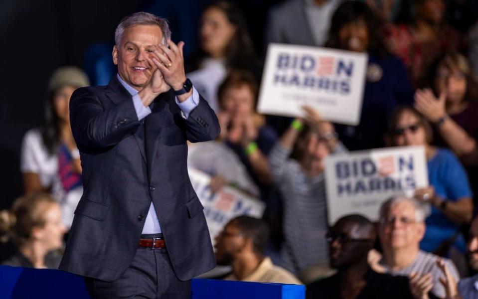 Attorney General Josh Stein takes the stage during a campaign event for President Joe Biden at the Jim Graham building at the North Carolina State Fairgrounds in Raleigh on Friday June 28, 2024. Biden debated former President Trump in Atlanta Georgia the previous night.