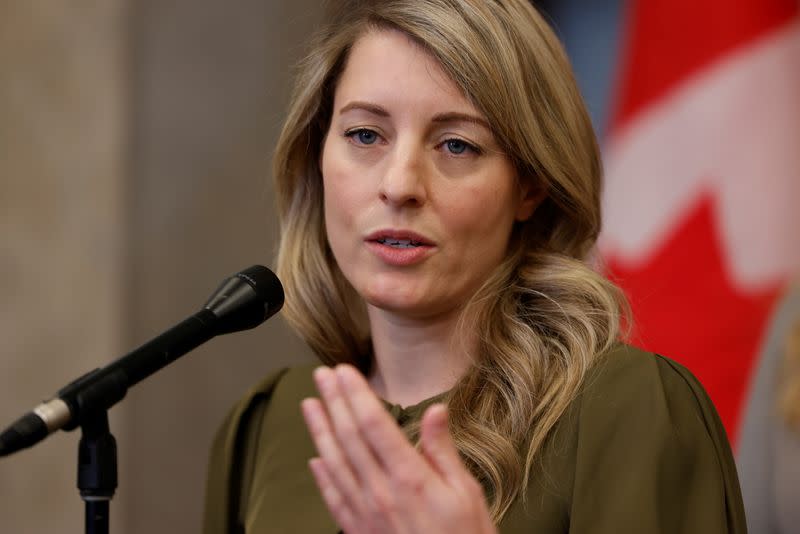 Canada's Minister of Foreign Affairs Melanie Joly speaks during a press conference on Parliament Hill in Ottawa