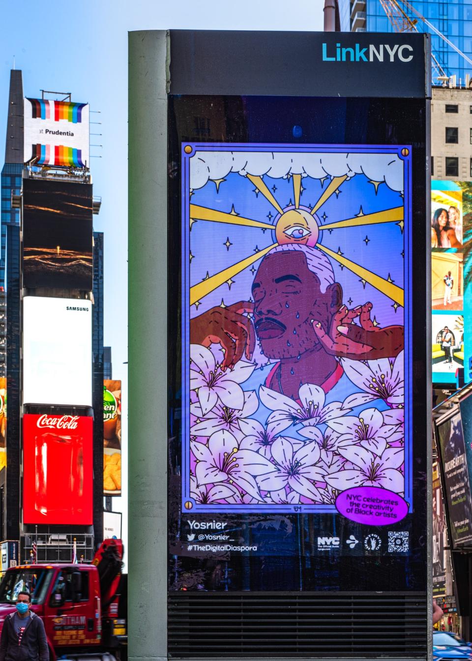 Yosnier's “I'll Be Okay Soon” displayed on the corner of 45th and Broadway in NYC.