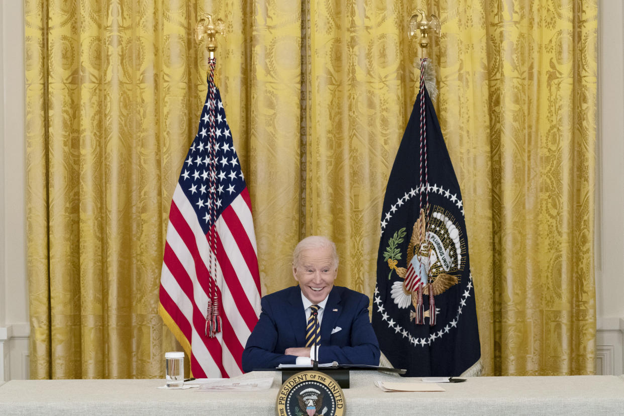 President Joe Biden speaks during a meeting with the National Governors Association in the East Room of the White House, Monday, Jan. 31, 2022, in Washington. (AP Photo/Alex Brandon)